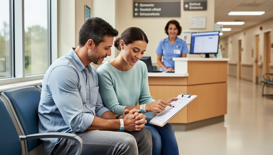 Same-sex couple holding hands in a hospital corridor near an exam room doorway.