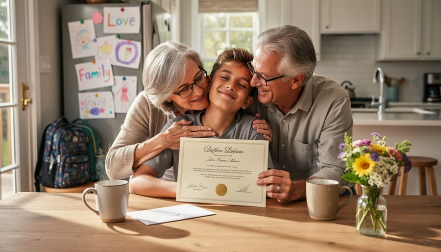 Same-sex parents relaxing on a couch with a child playing nearby.