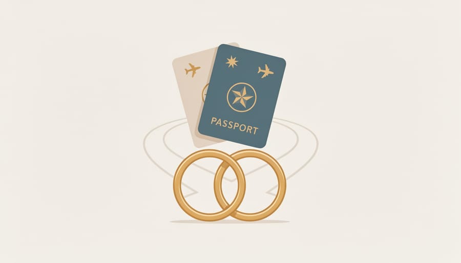 Wedding rings placed on a leather passport cover with folded formalwear in soft light.