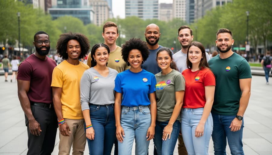 A diverse group of LGBTQ people of color standing together on a city sidewalk.