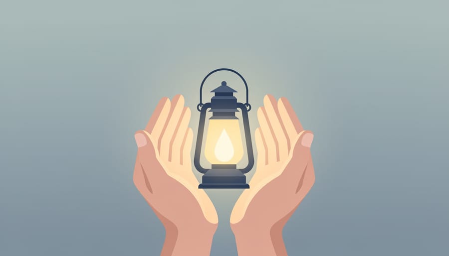Close-up of hands holding a small glowing lantern with subtle rainbow reflections