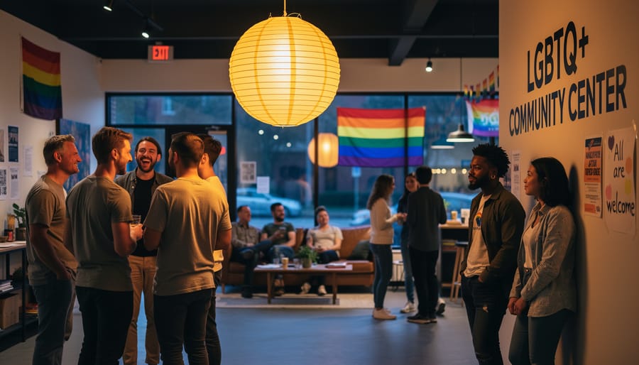 Diverse hands holding a softly glowing lantern in an LGBTQ community event space with an empty microphone stand in the background.