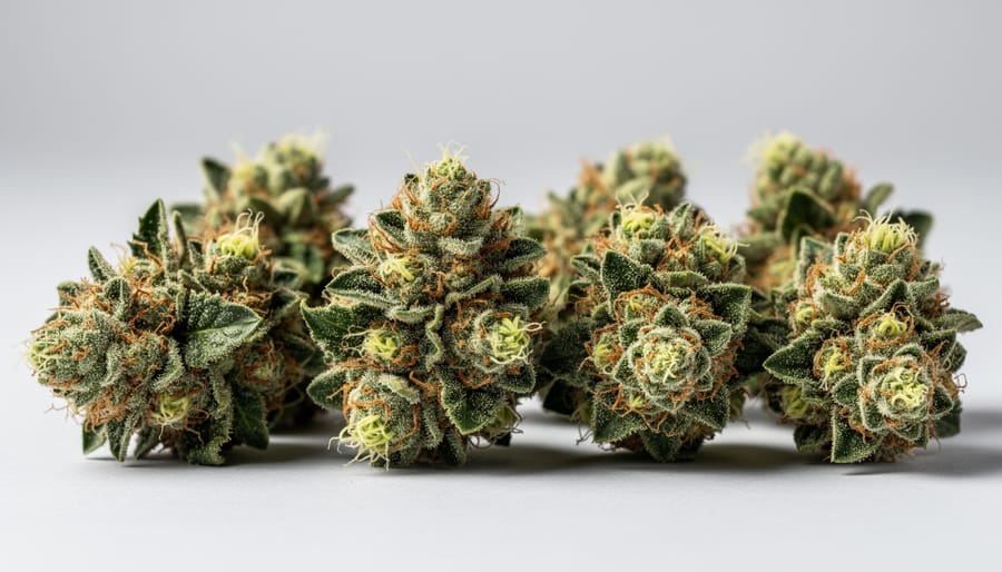 Macro view of cannabis buds with visible trichomes on a dark ceramic surface.