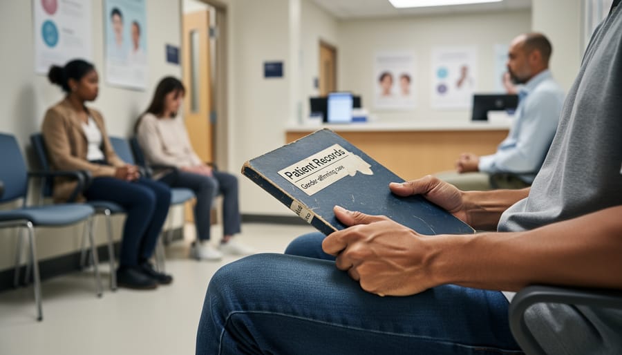 Person with a medical folder sitting in a healthcare waiting room with a reception area blurred in the background.