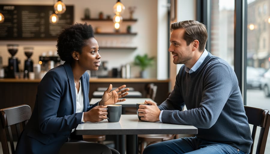 Two friends sitting in a café having a calm conversation, one wearing a small LGBTQ pride pin