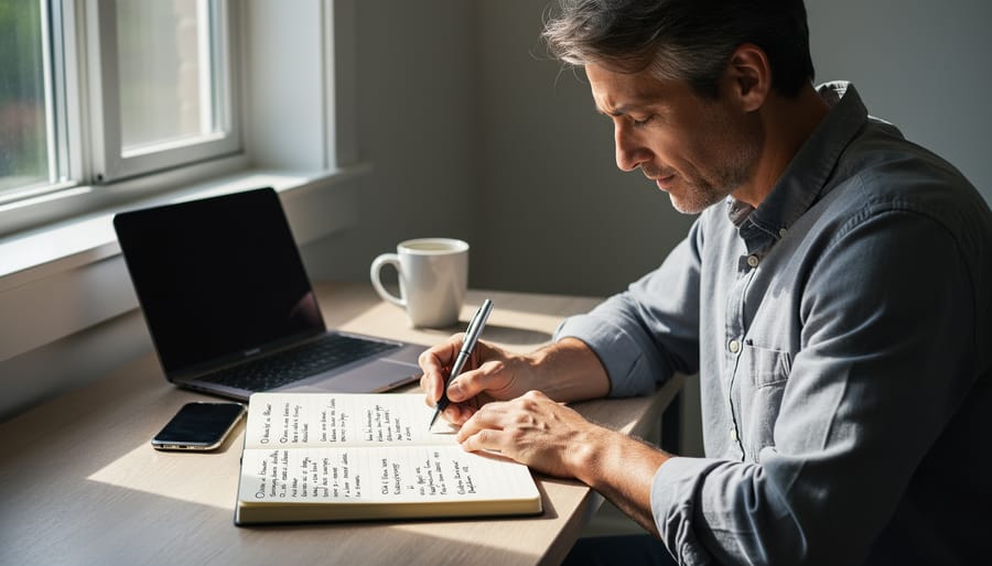 Person writing in a notebook in a quiet room with a desk lamp in the background