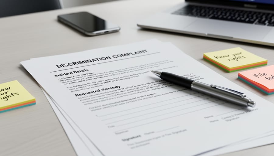 Close-up of hands holding open legal documents and a smartphone on a desk