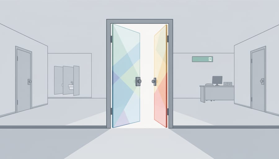 Abstract glass doorway sculpture in rainbow colors symbolizing access and dignity