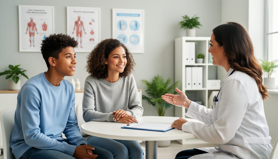 A transgender or gender-diverse teen and a supportive parent sitting together in a bright clinic consultation room during a caring conversation