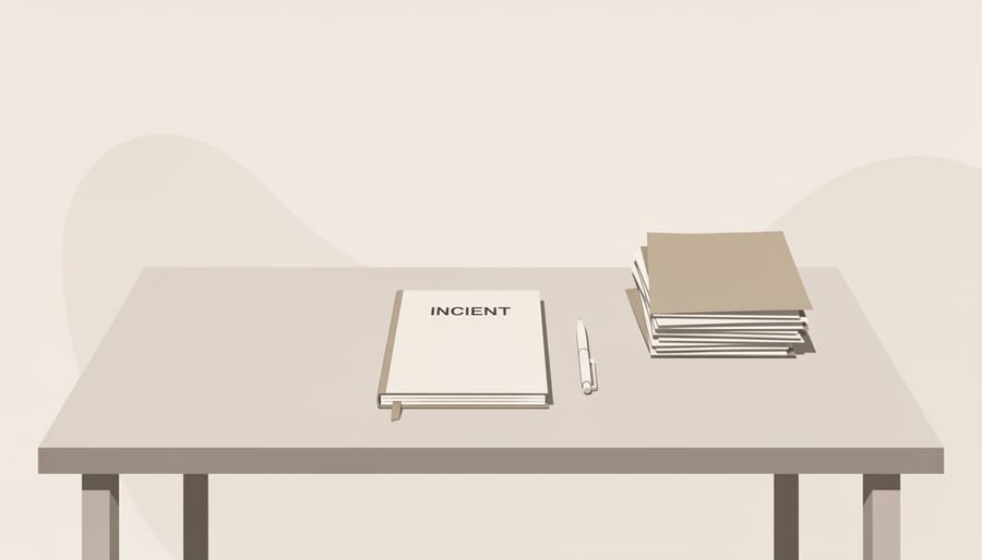 Open notebook and pen beside unreadable documents on a desk representing documentation