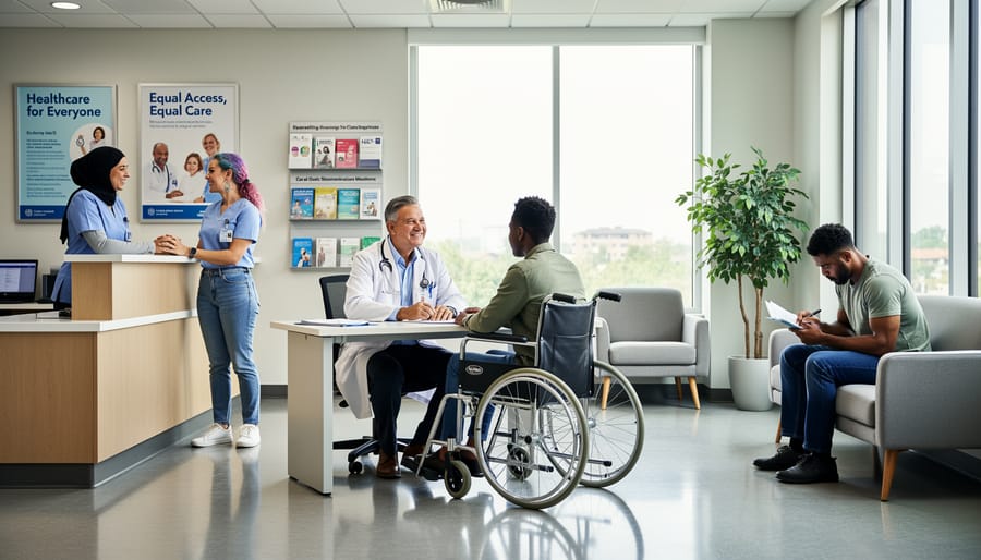 Healthcare waiting room with empty chairs and softly lit reception area