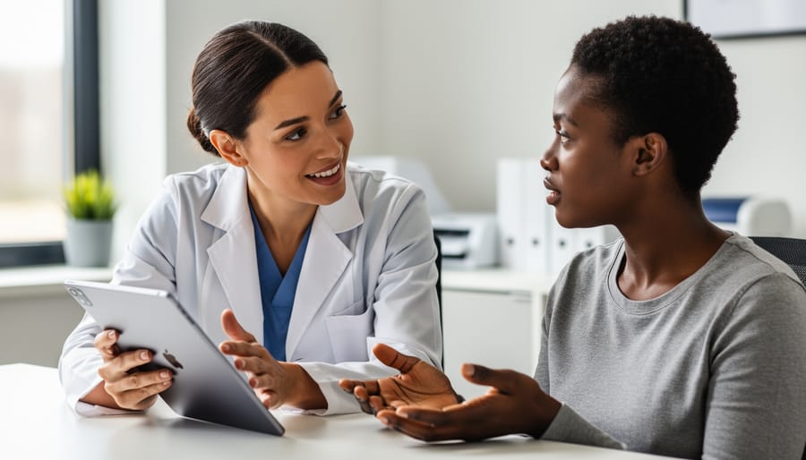 Clinician’s hands passing a folder to a patient in a calm clinic setting, symbolizing supportive information sharing