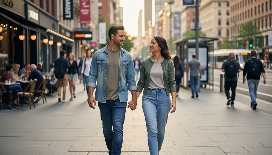 A diverse LGBTQ couple holding hands near an office building entrance in daylight