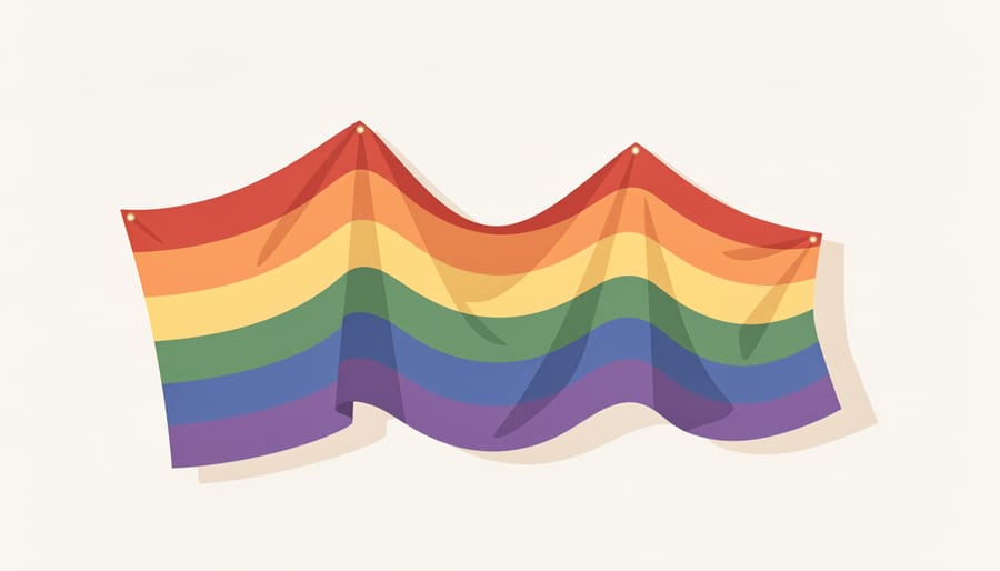 Rainbow cloth draped over a community center railing in golden hour sunlight