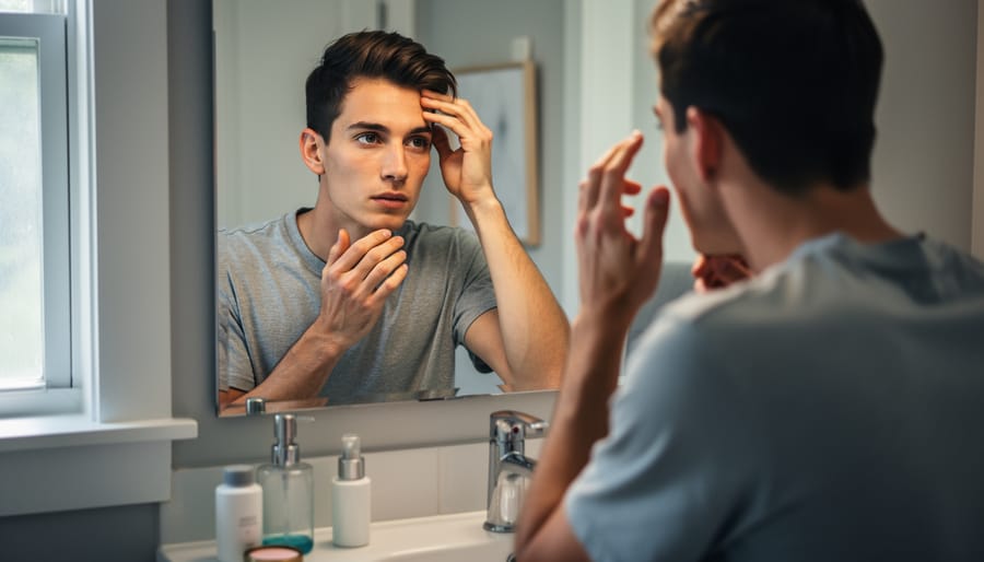 Close-up of a transgender adult adjusting clothing in front of a mirror in warm indoor light