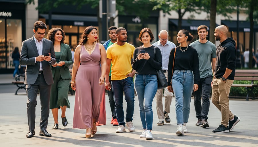 Diverse group of adults with varied gender expressions in everyday outfits standing in a public place