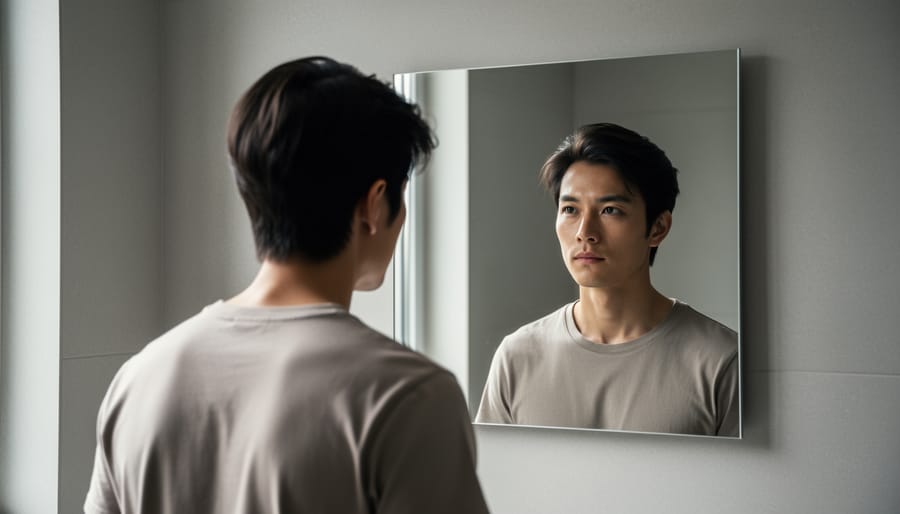 A diverse adult holding a small mirror during a quiet moment of self-reflection